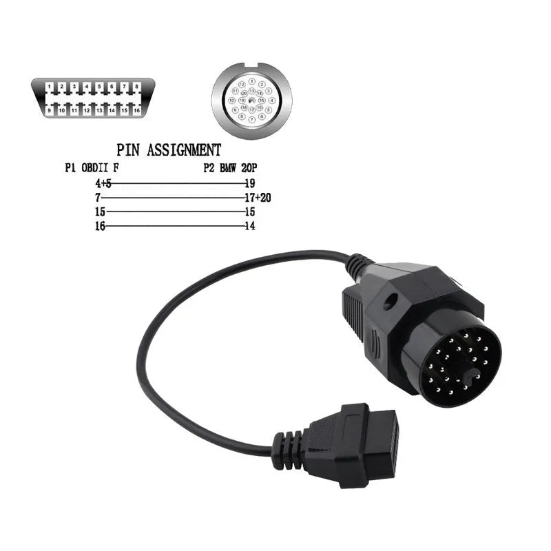 BMW 20-pin to 16-pin OBD2 diagnostic cable adapter with connecting cables