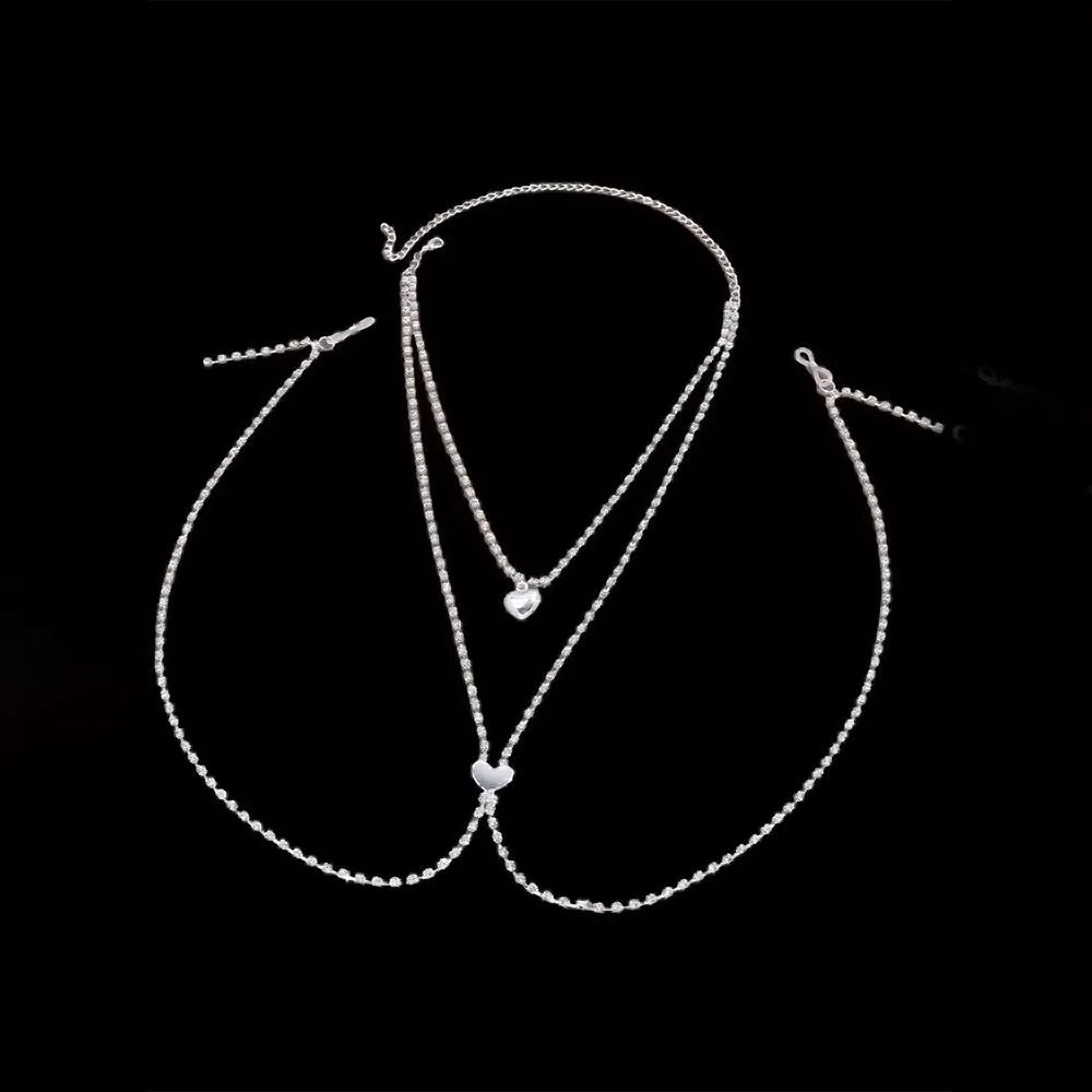 Heart-shaped rhinestone body chain in gold and silver, adjustable with alloy inlay and artificial gemstone details