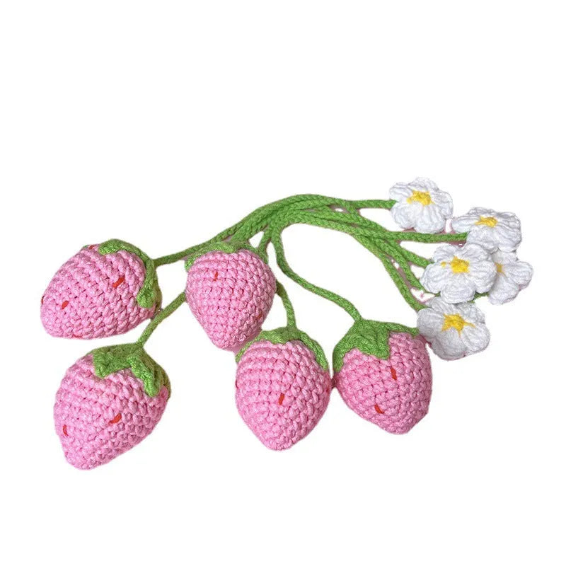 Wool crochet strawberry pendant necklace with woven design on 35cm cord
