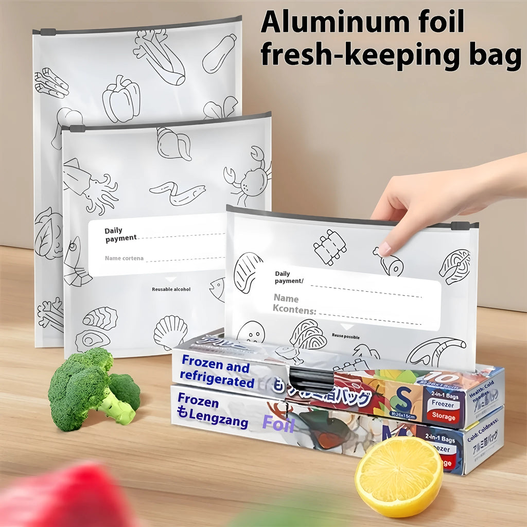 Aluminium foil sealed storage bags showing three sizes and bag versus box style options