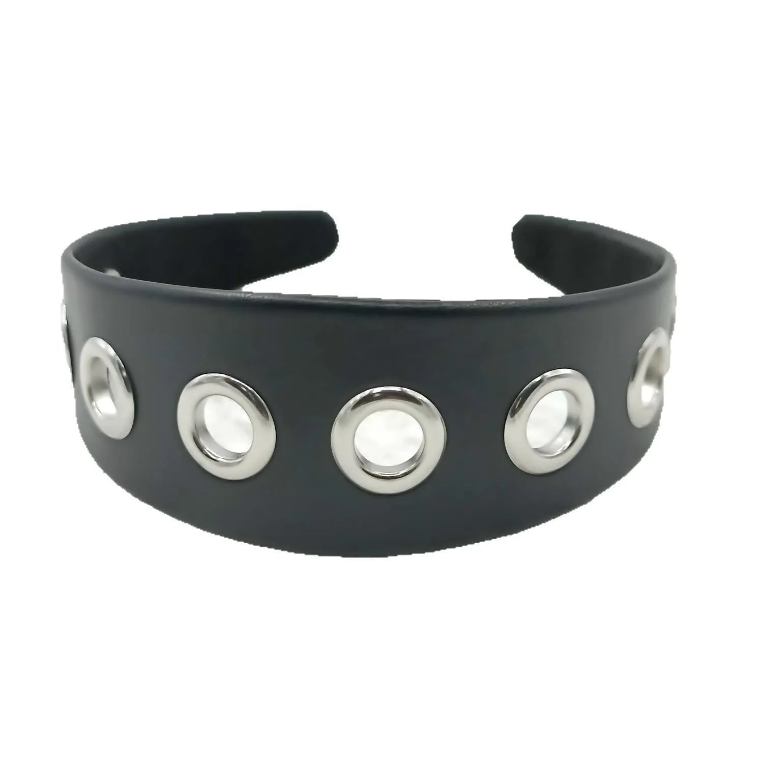 Wide black artificial leather headband with round and square rivets, handmade punk style for women