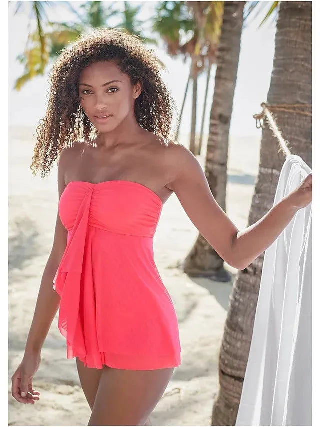 Women's strapless one-piece swimsuit in solid colour polyester, available in pink, blue, black, and picture colour