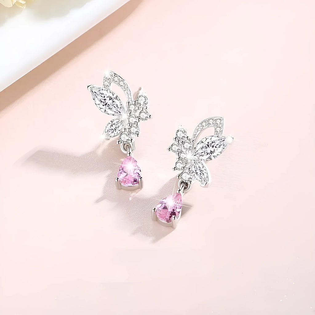 Crystal butterfly silver stud earrings for women in 925 sterling silver with crystal centrepiece