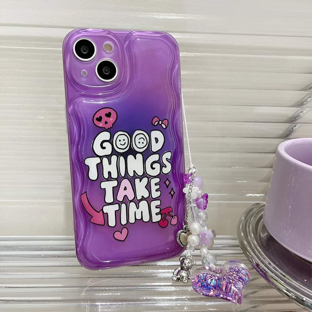 Purple graffiti English love chain phone case with pendant for iPhone 14, TPU soft shell full edge coverage