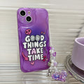 Purple graffiti English love chain phone case with pendant for iPhone 14, TPU soft shell full edge coverage