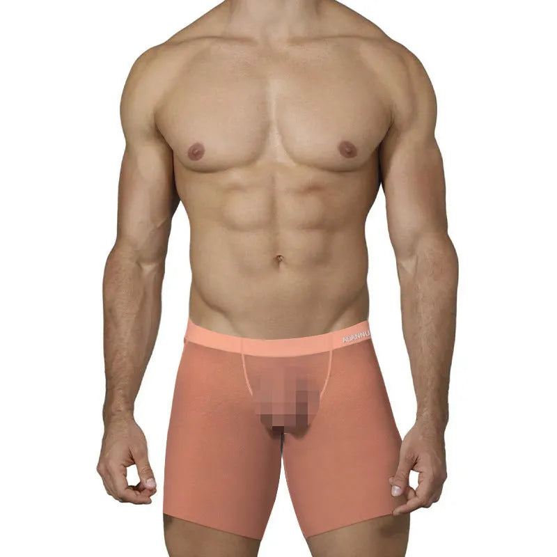 Men's nylon ice silk boxer shorts in solid orange, pink, or red colours with low-rise waistband