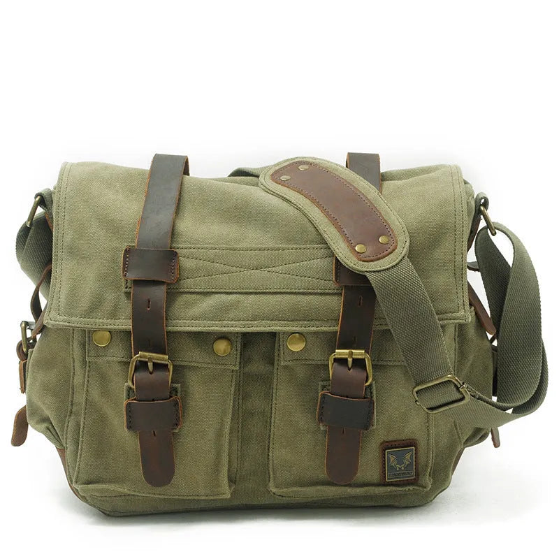 Men's canvas crossbody shoulder bag with cowhide accents in Army Green featuring a flap closure and single strap