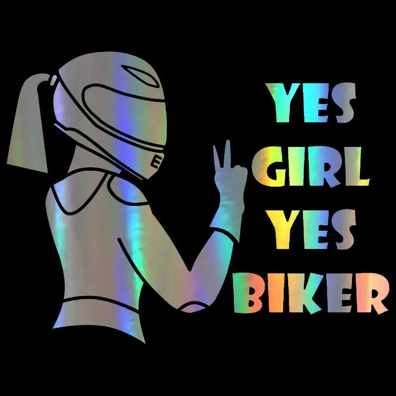 Girl Rider waterproof decorative sticker for vehicles in black, white or laser colours measuring 16cm by 15cm