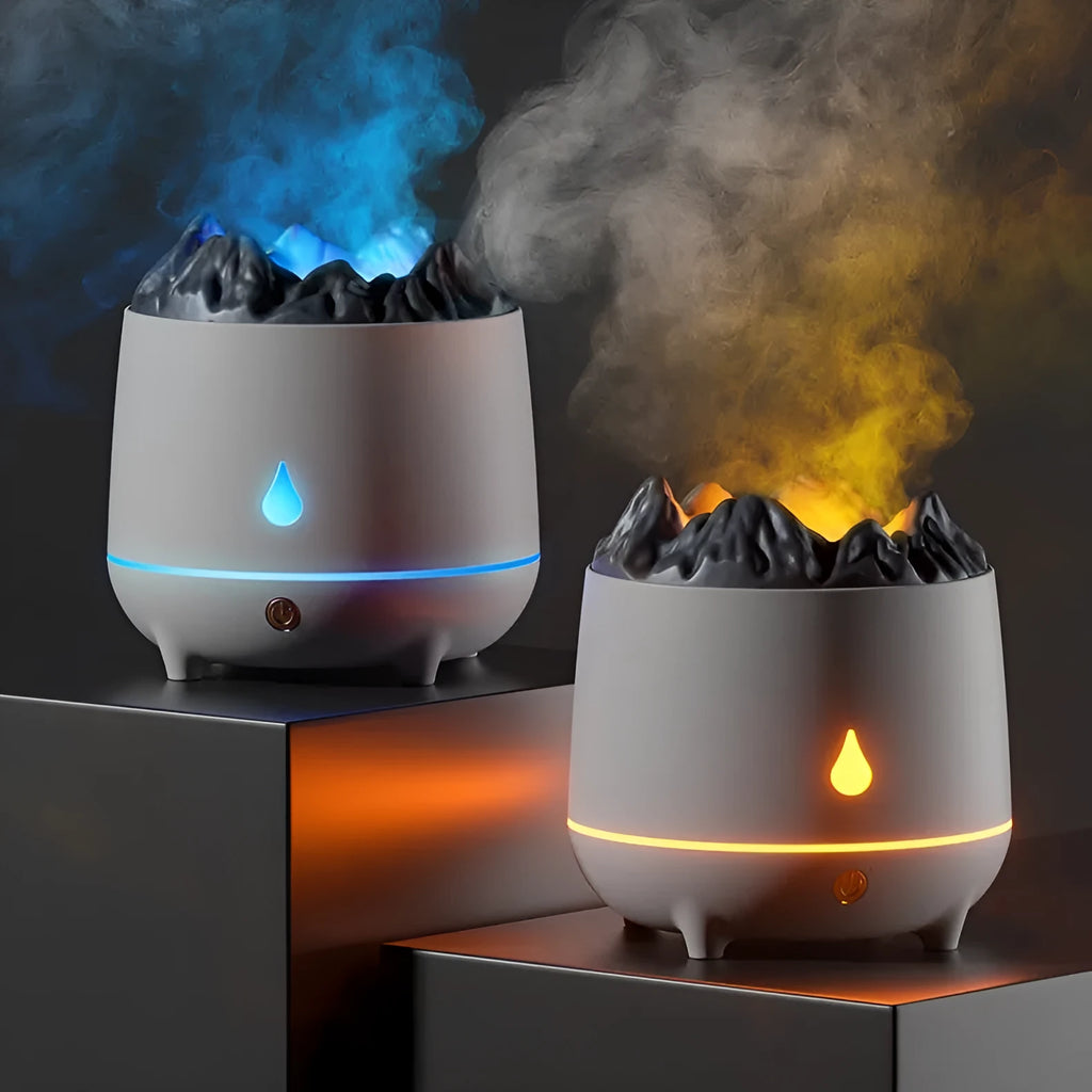 White volcano-shaped ultrasonic humidifier on a wooden desk, USB powered for home fog use