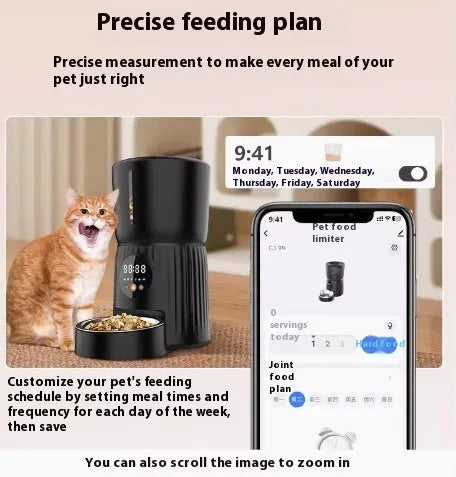 Black and white automatic pet feeder with digital timer display and USB cable