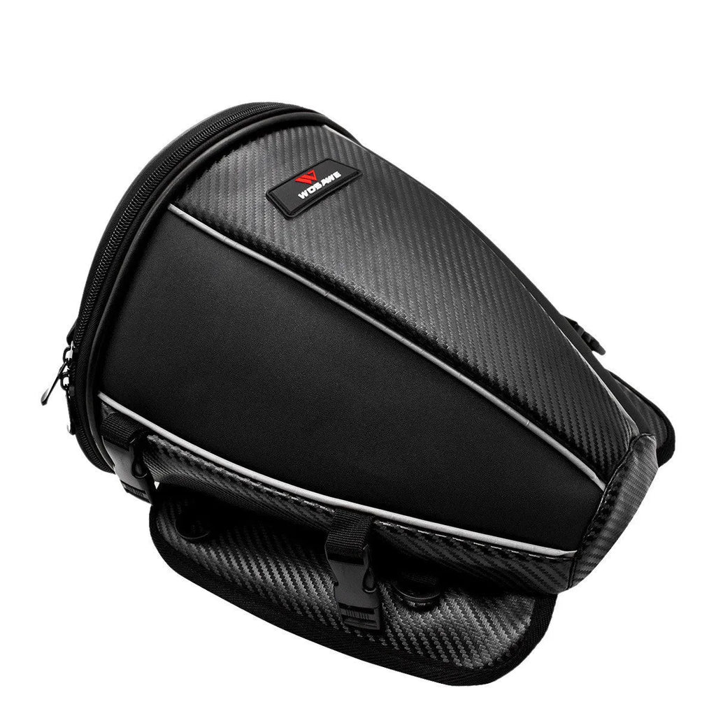 Black motorcycle fuel tank bag with reflective line, 15L capacity, PU and polyester construction