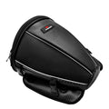 Black motorcycle fuel tank bag with reflective line, 15L capacity, PU and polyester construction