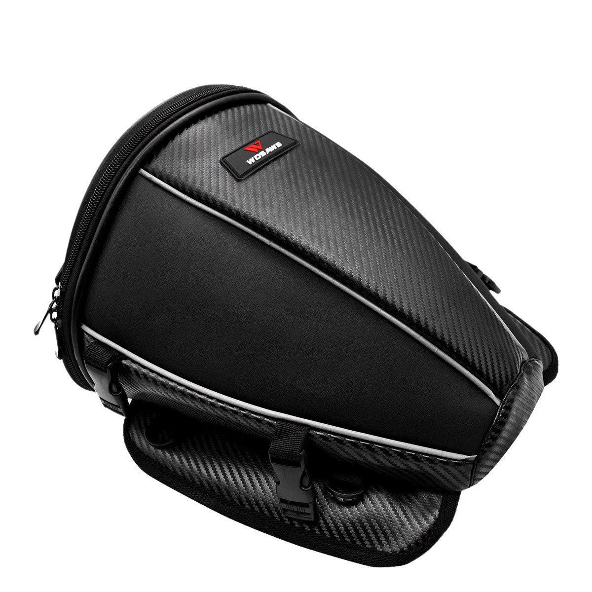 Black motorcycle fuel tank bag with reflective line, 15L capacity, PU and polyester construction