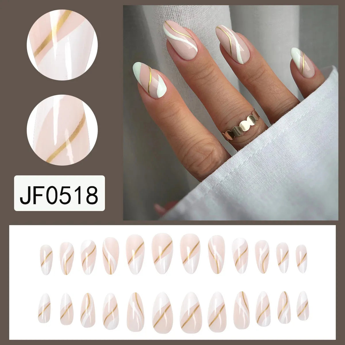 Golden lines plaid pattern nail stickers in JF0518 jelly glue colour with medium wearable drop shape