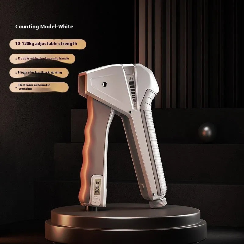 Adjustable hand grip strengthener with mechanical counter shown in orange, set to a mid-level resistance.