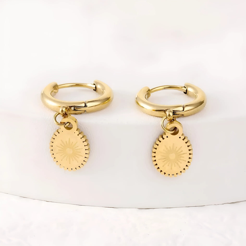 Geometric elliptical stainless steel earrings with an ear button fastening on a white background.