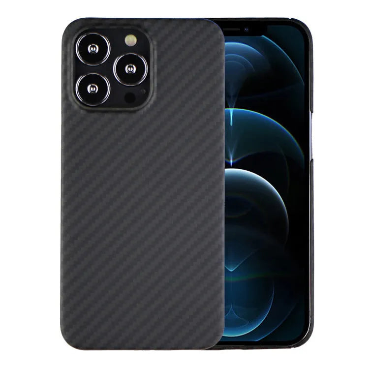 Kevlar fibre iPhone back cover with stripe pattern in dull black finish showing camera cutout