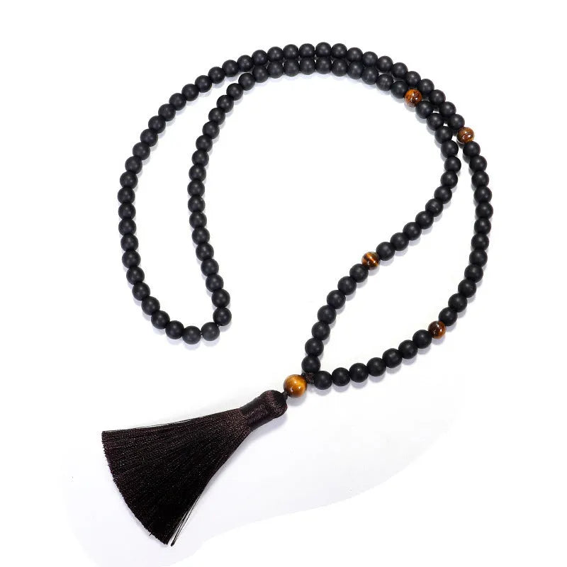 Tiger eye beaded bracelet and necklace set with 108 stones, drop-shaped tassel pendant, and 81cm circumference