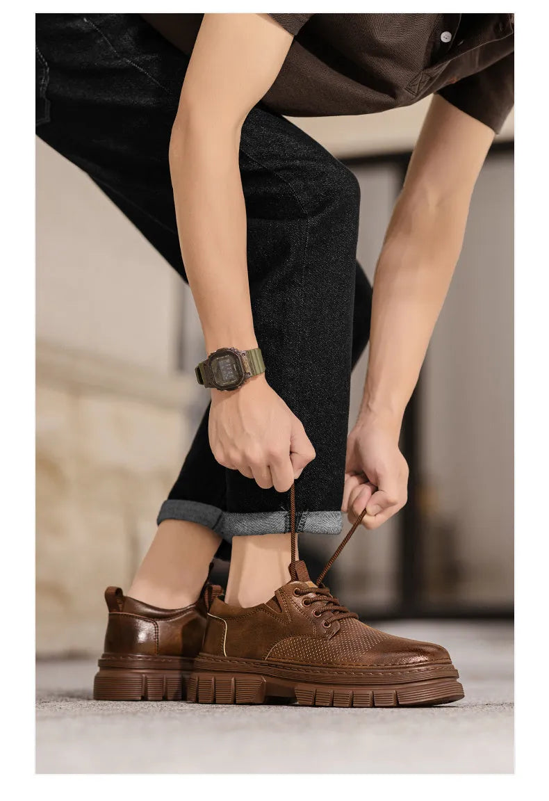 Genuine leather breathable platform height increasing lace-up casual shoes in black, two-layer cowhide upper, low heel under 3cm, rubber sole