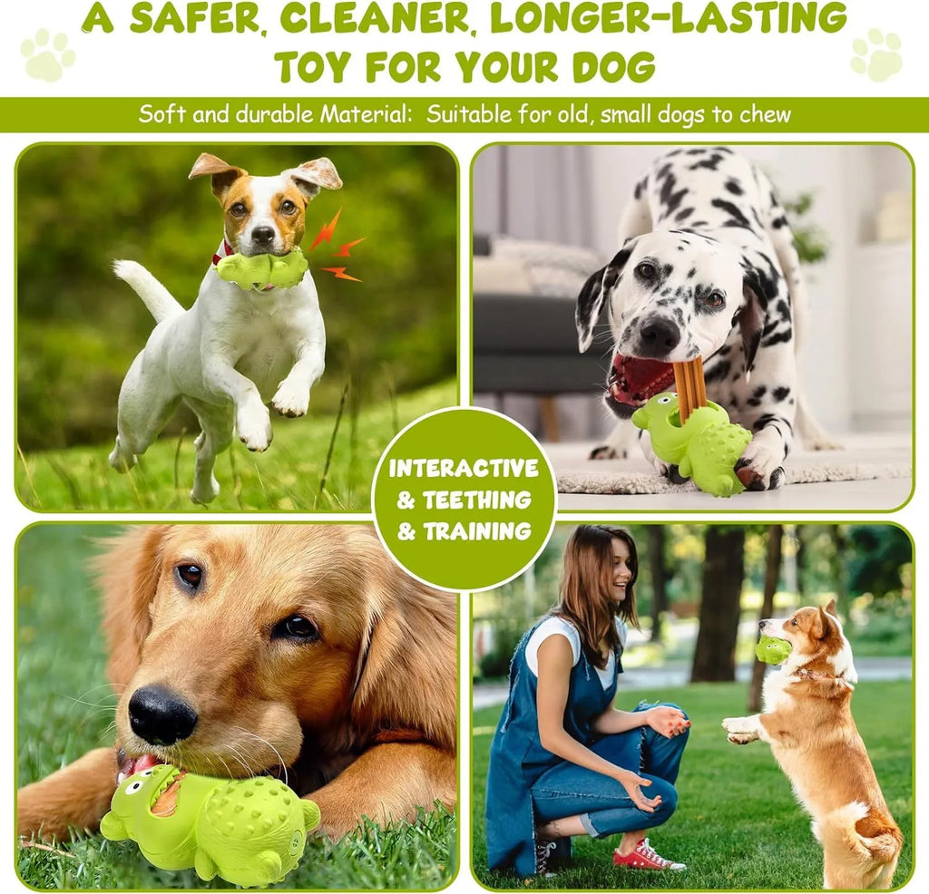 Green and yellow natural rubber squeaky dog toy for aggressive chewers.