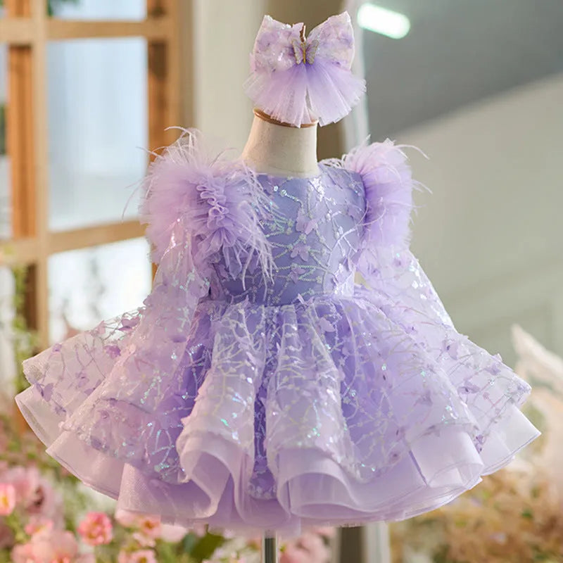 Butterfly sequined long sleeve princess dress for children in dreamy purple colour