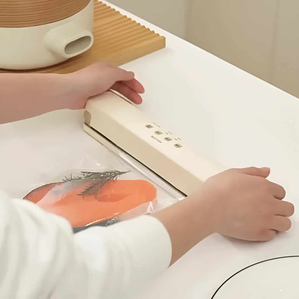 Off-white plastic vacuum sealing machine for home food packaging on a kitchen counter