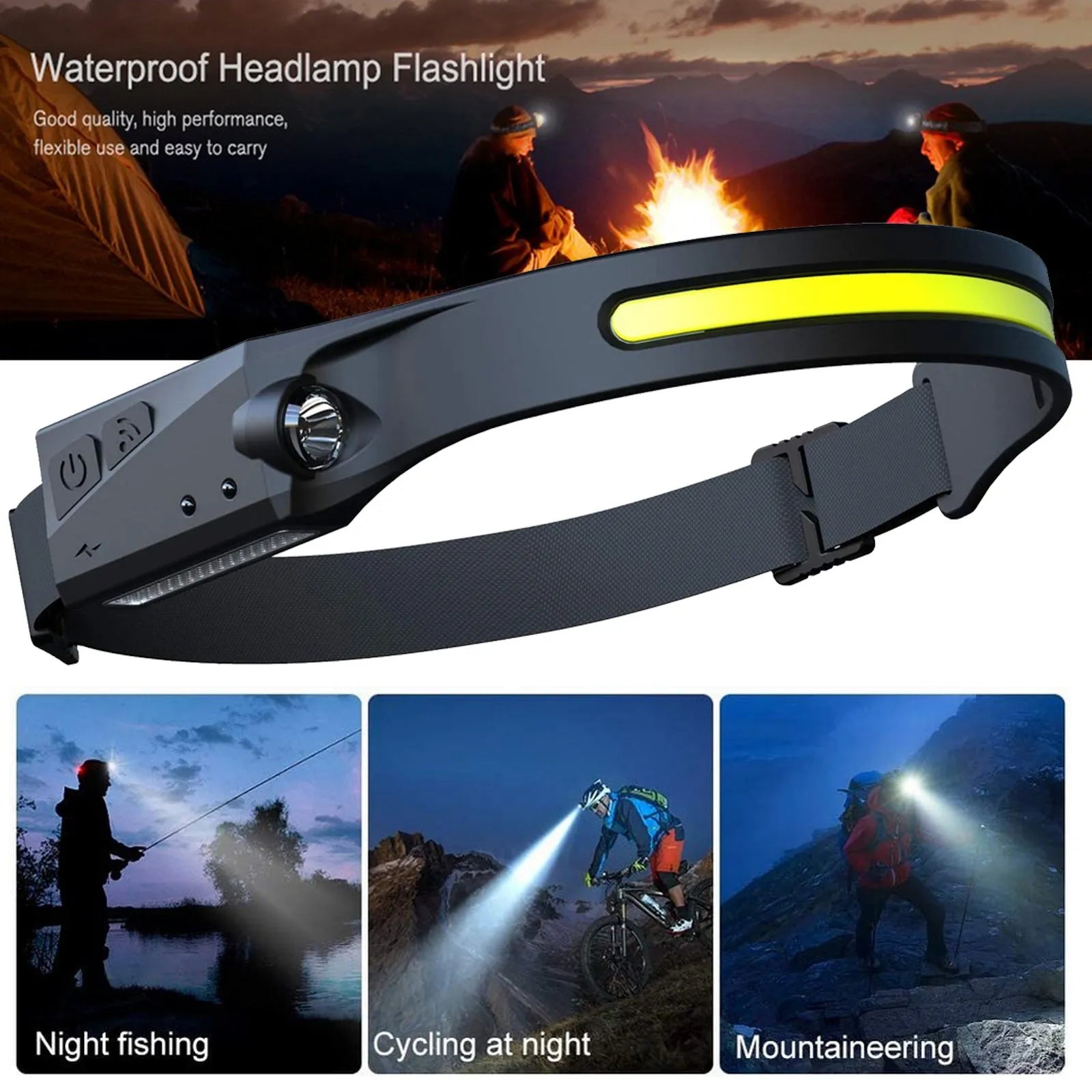 COB LED induction headlamp with USB rechargeable, 230-degree beam and 100m range side LED on a person wearing it outdoors