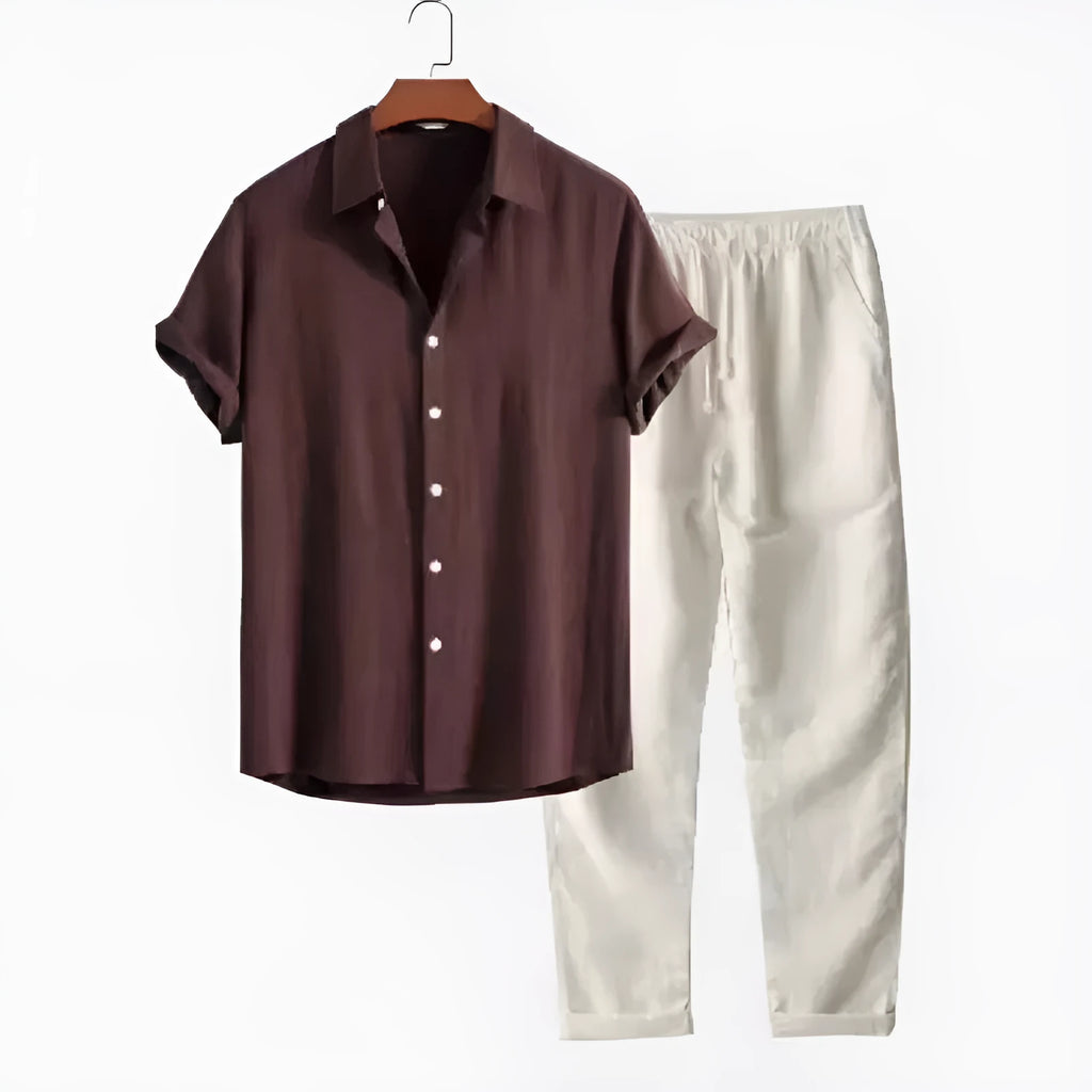 Men's casual loose-fit linen blend short sleeve shirt and trouser suit on a hanger.