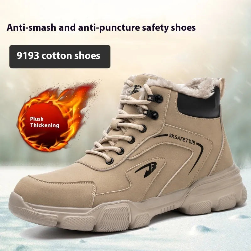 Brown leather labour protection safety shoes with rubber sole on work surface
