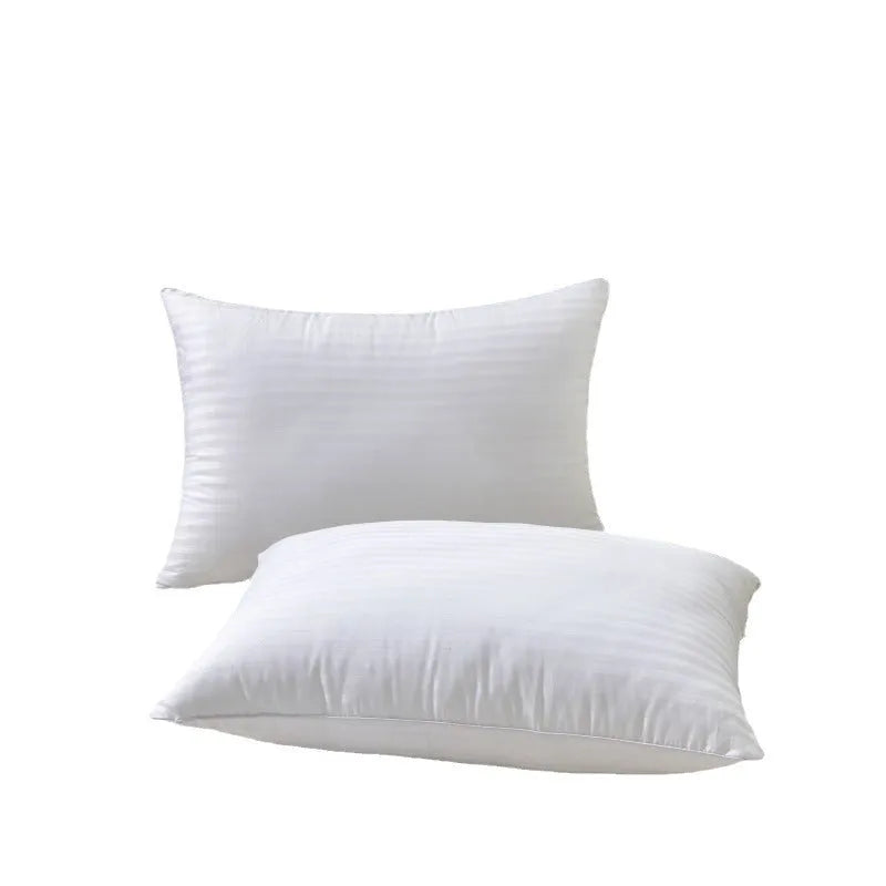 White cotton satin stripe feather pillow showing satin stripe detail on 99% cotton fabric.