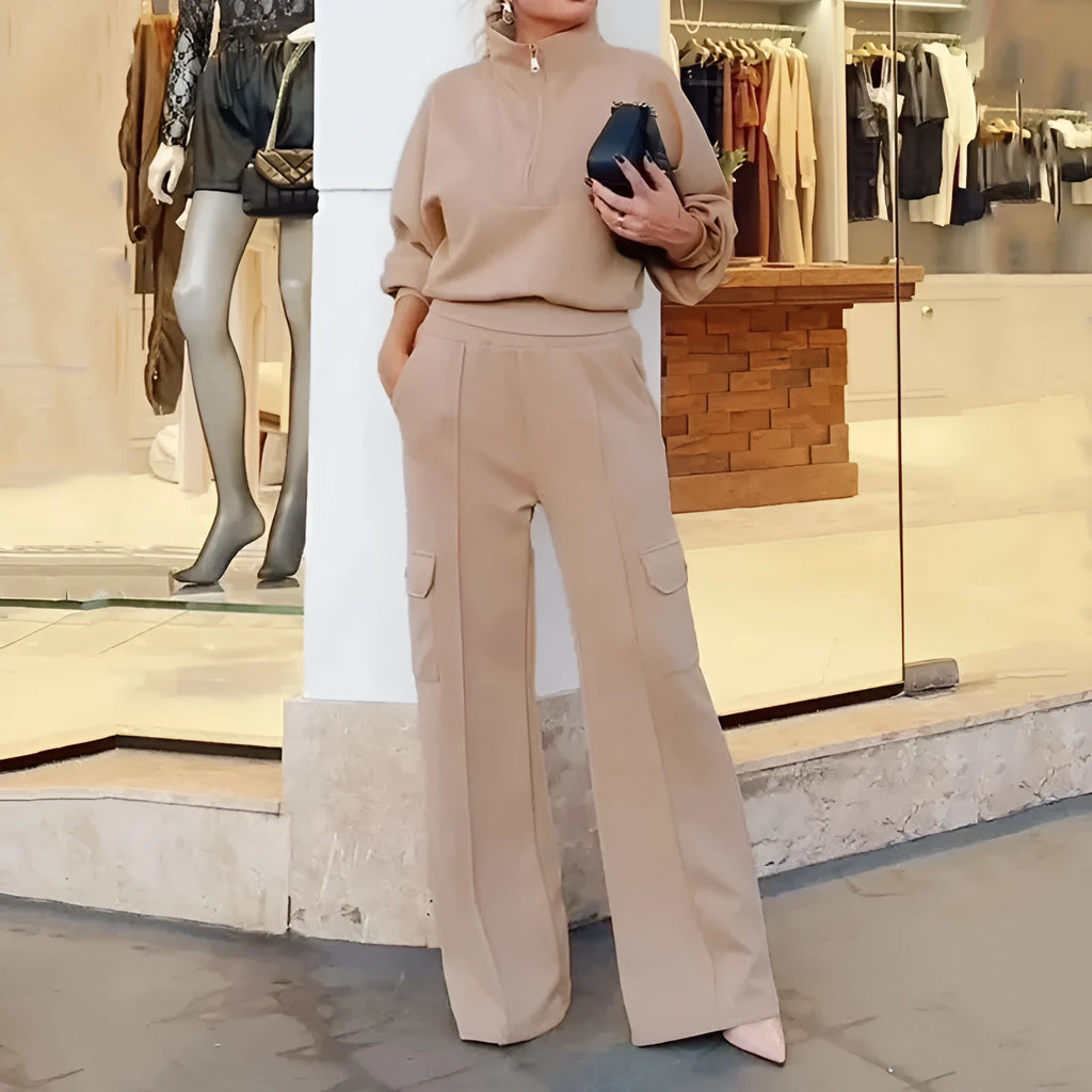 Women in light camel lapel short top and high-waist wide leg trousers two-piece set with long sleeves