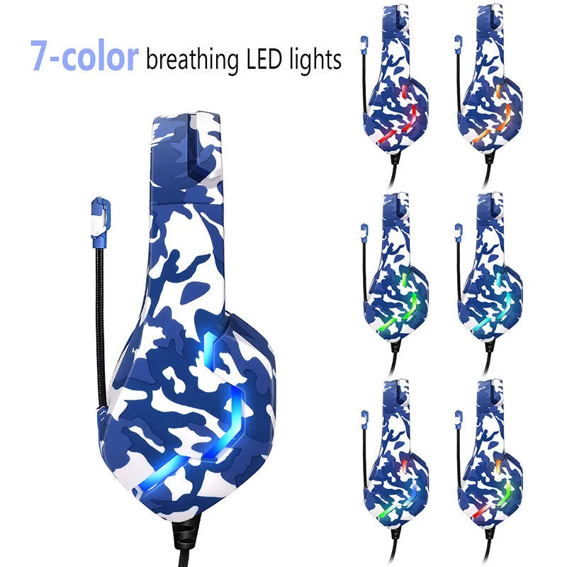 Wired gaming headset with cloth earmuffs, braided cable, and 3.5mm plug in camouflage blue colour