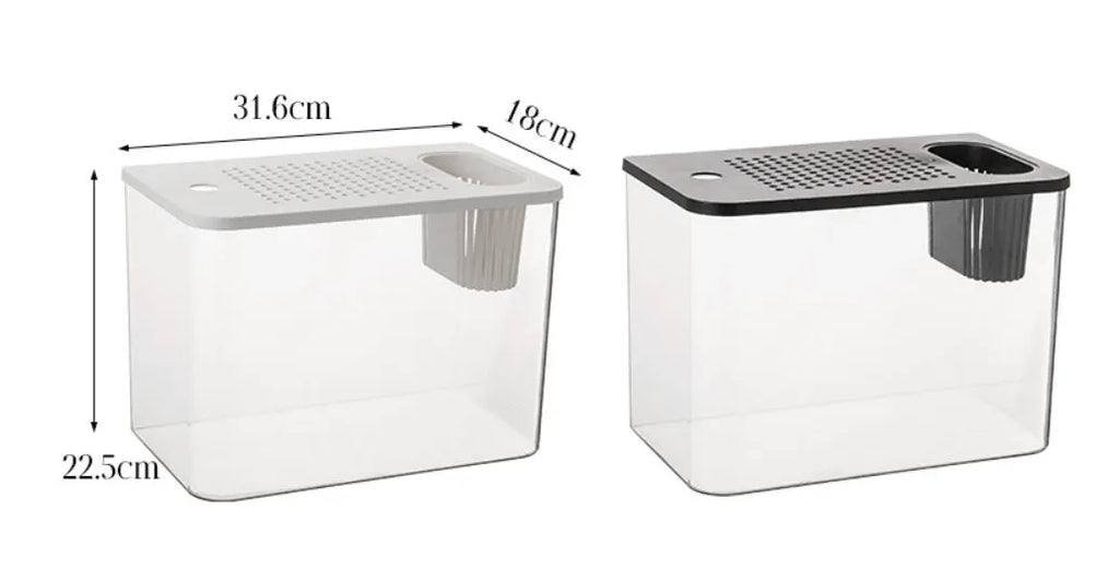 Plastic betta fish tank with cover measuring 32cm long in black and white colour options
