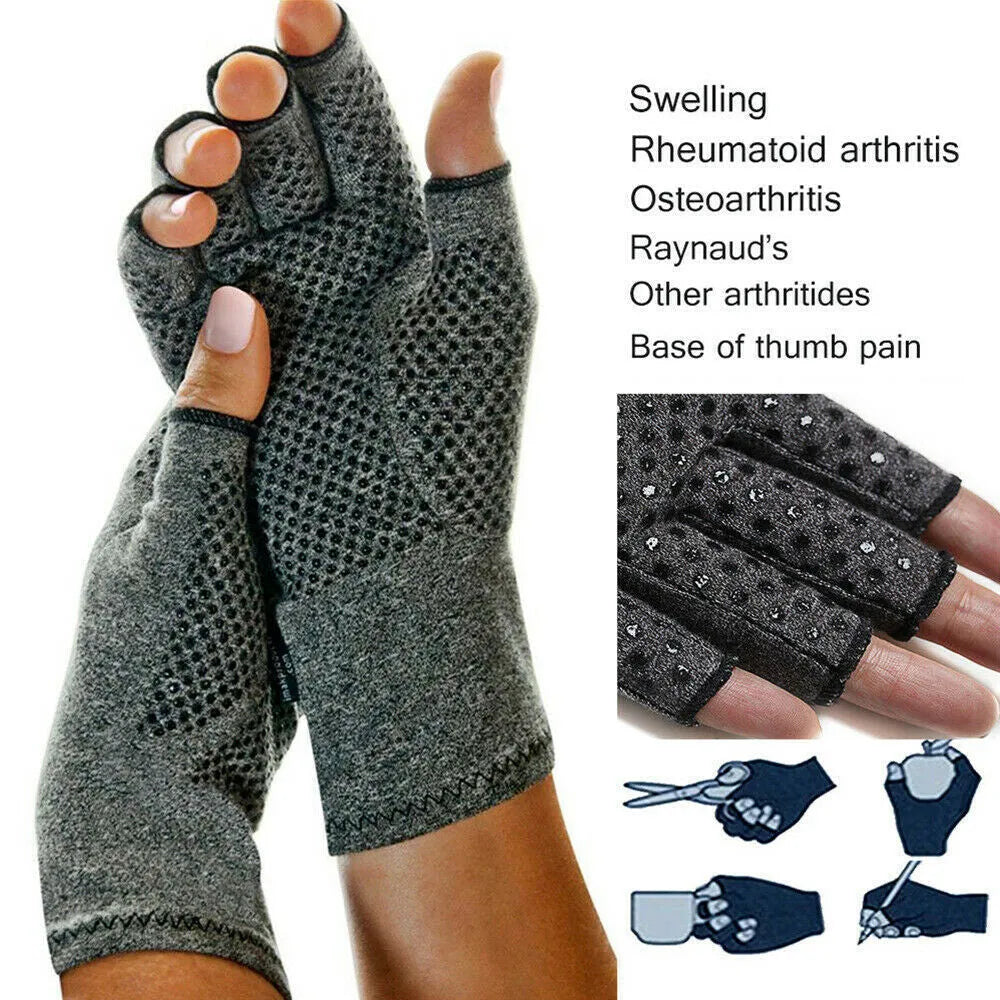 Grey half-finger joint compression gloves with anti-slip palm surface and breathable fabric