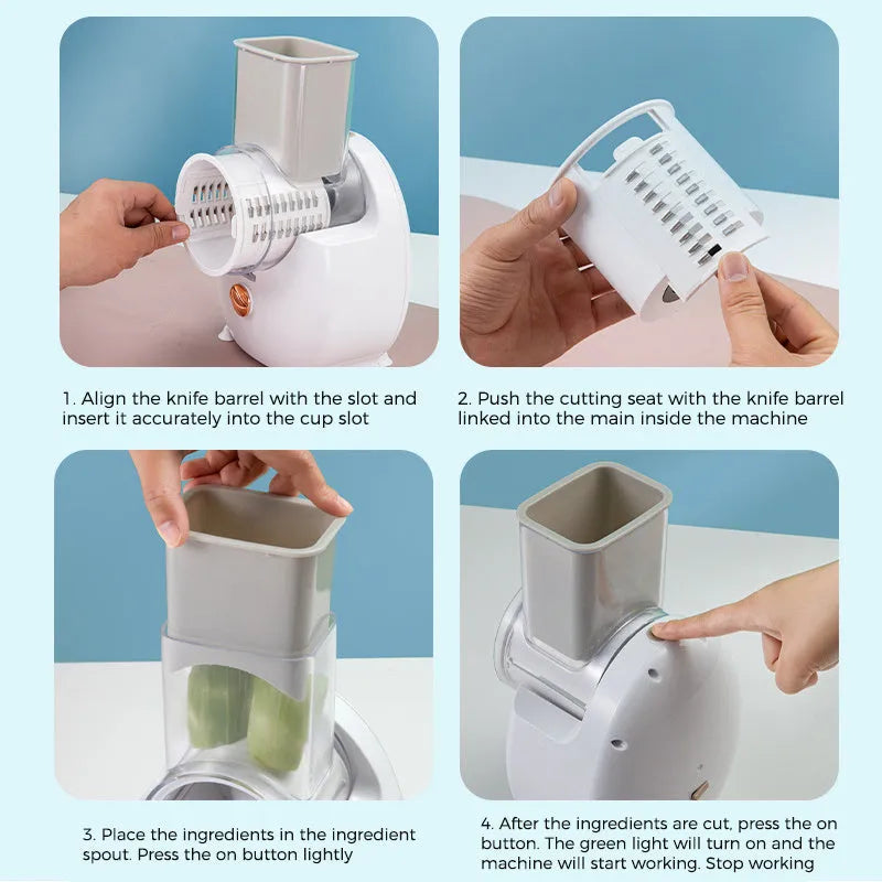 Electric vegetable slicer in white with feeding port, pressing rod, and blade barrel on a kitchen counter