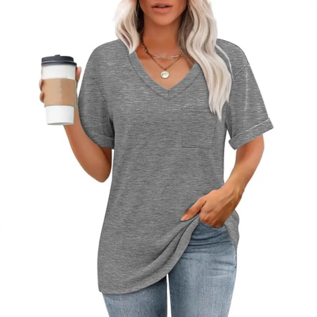 Grey loose fit men's V-neck T-shirt with chest pocket on short sleeves