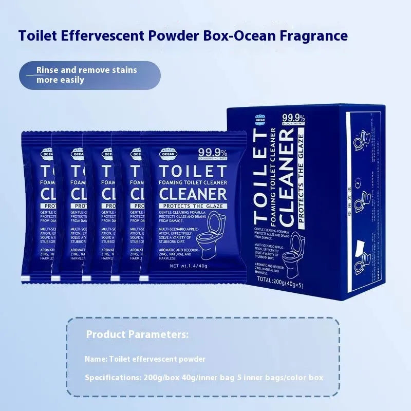 Box and bag of toilet cleaning bubble powder in blue and pink fragrances for descaling.