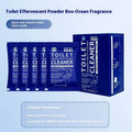 Box and bag of toilet cleaning bubble powder in blue and pink fragrances for descaling.