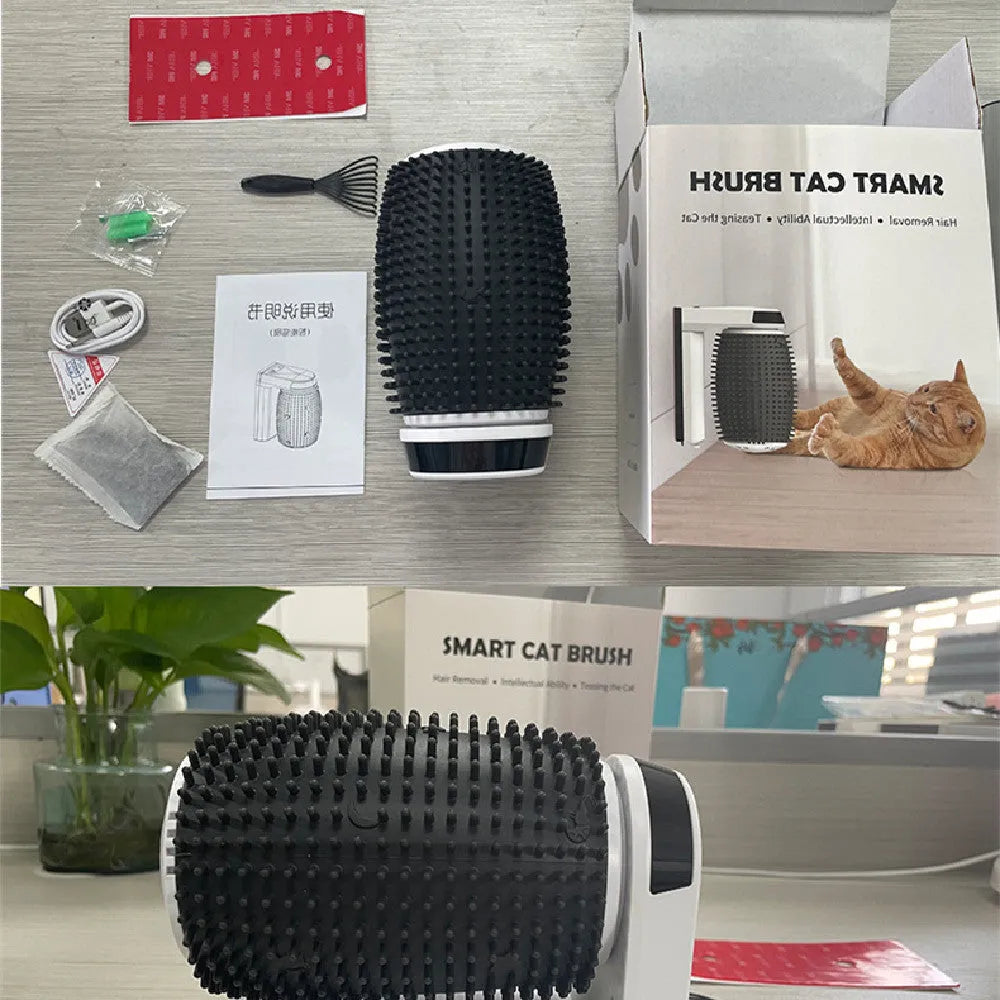 White automatic cat self groomer mounted in a wall corner with soft silicone bristles for grooming and massage