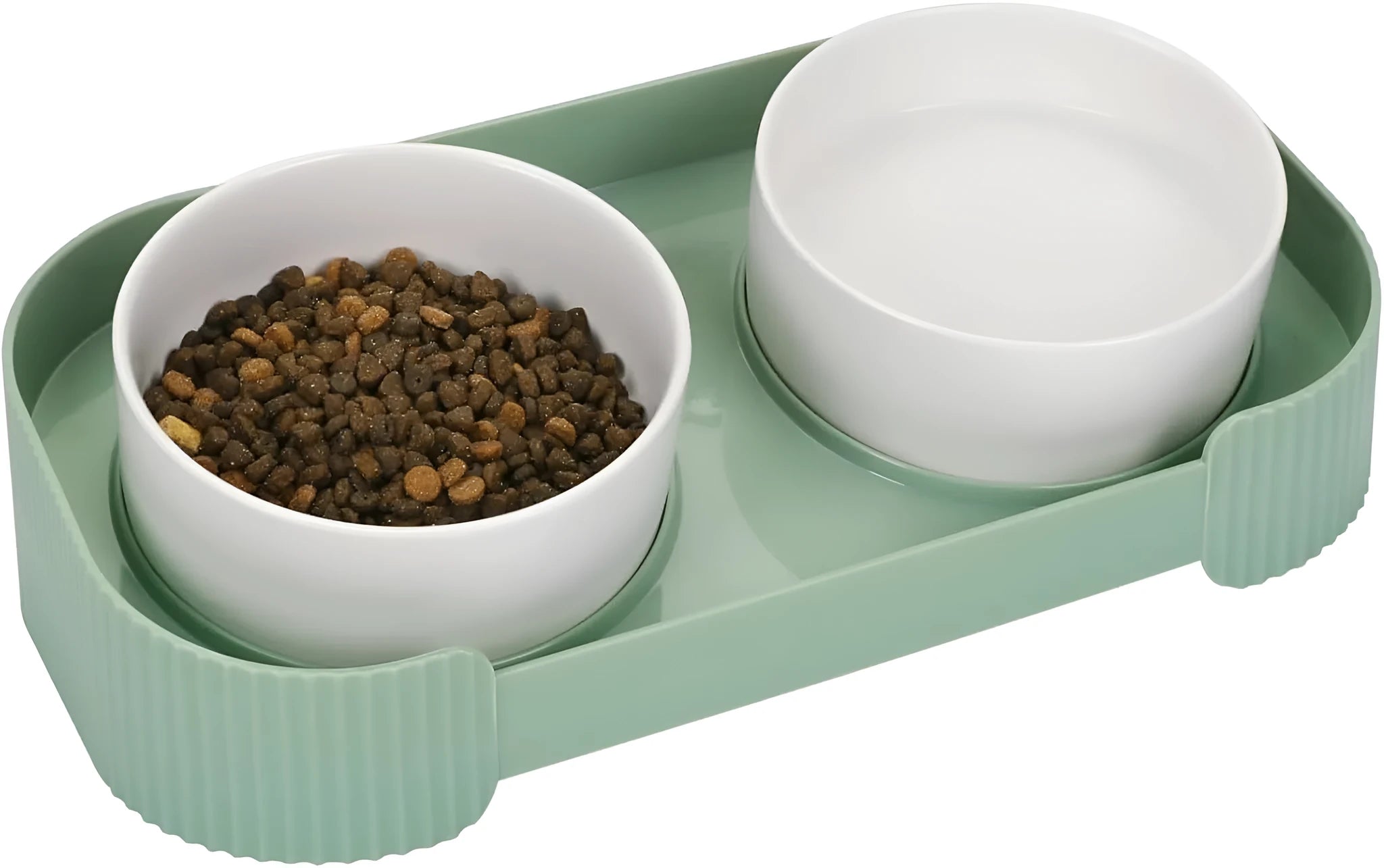 White ceramic elevated cat feeder with two bowls on a tilted stand.