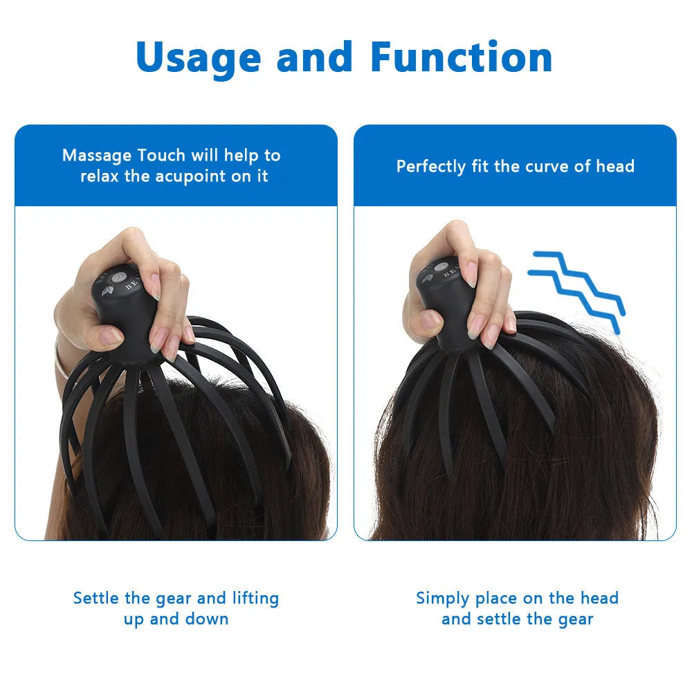 Octopus electric head massage tingler with multi-claw TPE attachment in black rechargeable variant