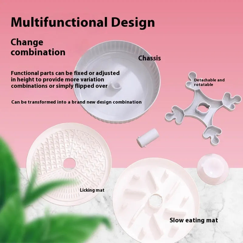 Pet slow feeder bowl with rotating game board showing anti-choke silicone pad in multiple colour options