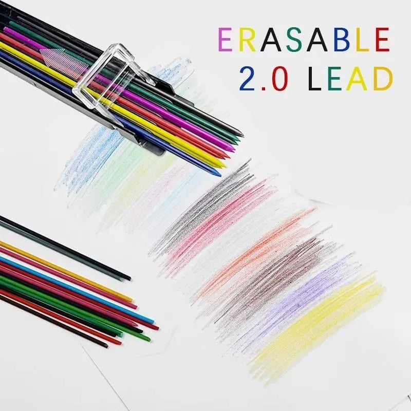 Box containing 12 coloured erasable mechanical pencil lead refills for drawing pens.