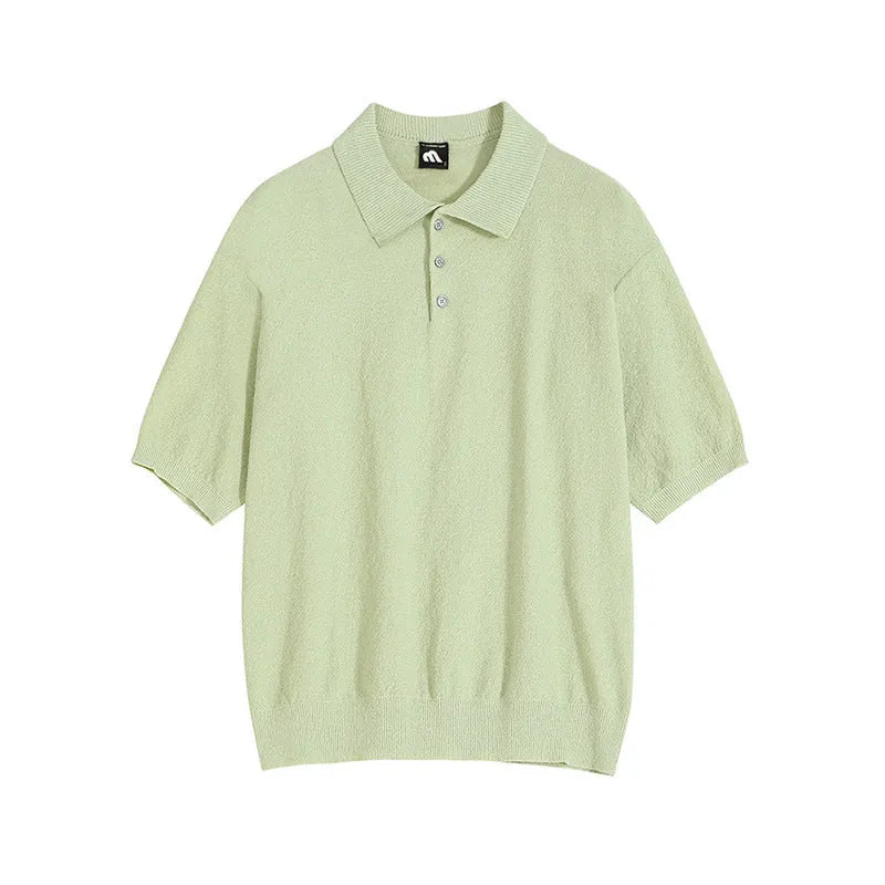 Men's caramel retro knitted polo shirt with asymmetric design details and short sleeves