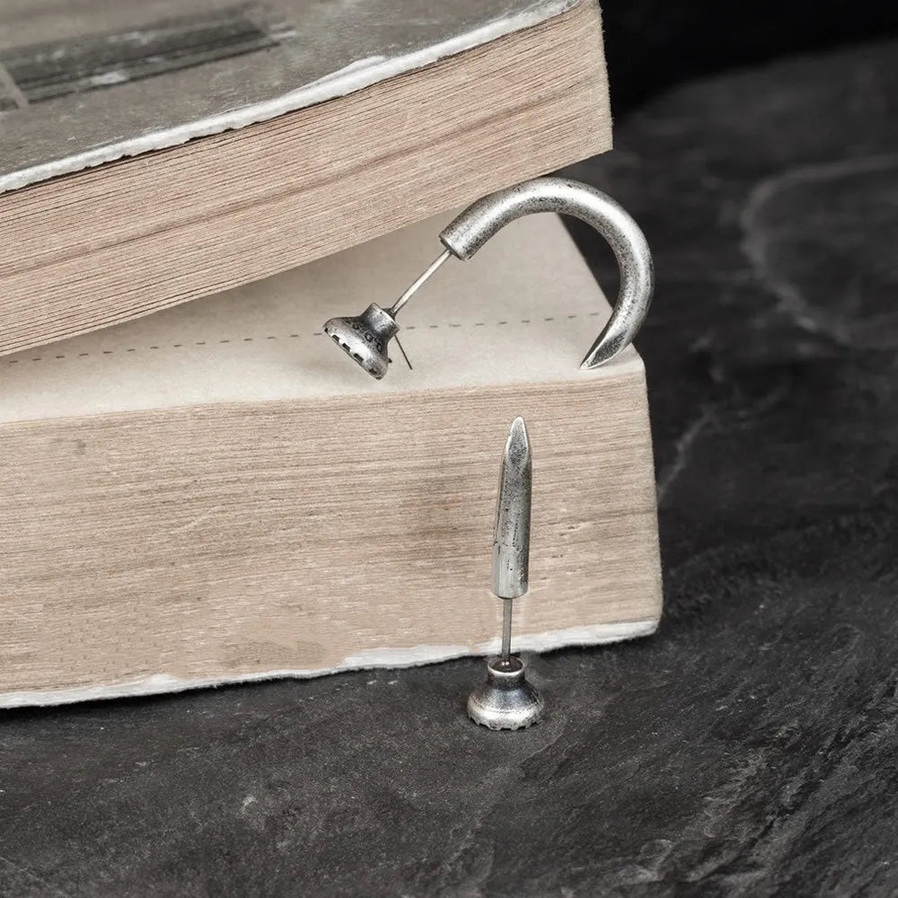 Sterling silver punk earrings with retro nail design in straight and curved styles