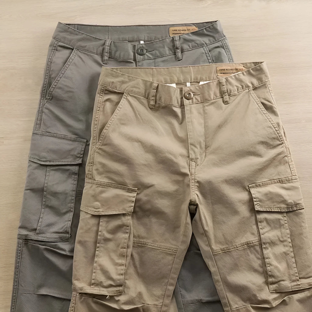 Men's cotton multi-pocket solid colour cropped work pants, available in black, blue, gray, khaki