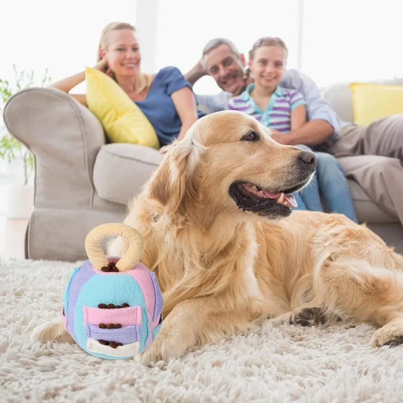 Green and pink plush squeaky dog ball toy with treat pockets for small medium dogs