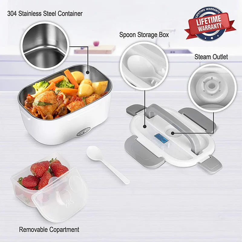 Grey dual-voltage electric lunch box for car and home use with stainless steel or plastic inner tank