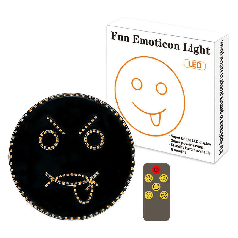 Car rear window LED expression light with 145 orange lamp beads displaying smiley face pattern, black housing, remote control included