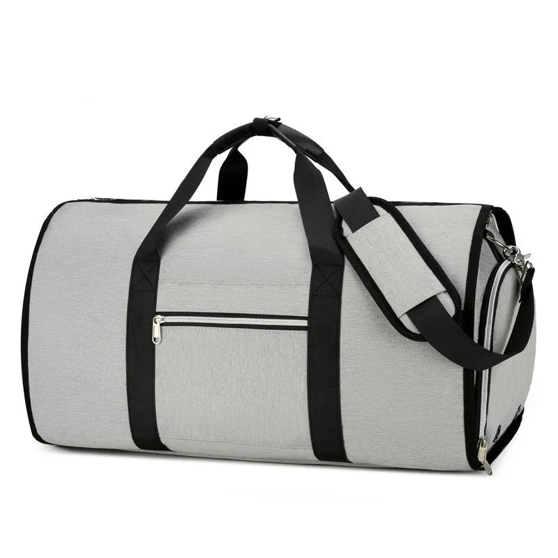 Expandable Oxford cloth storage bag in grey, shown with dry-wet separation compartment.